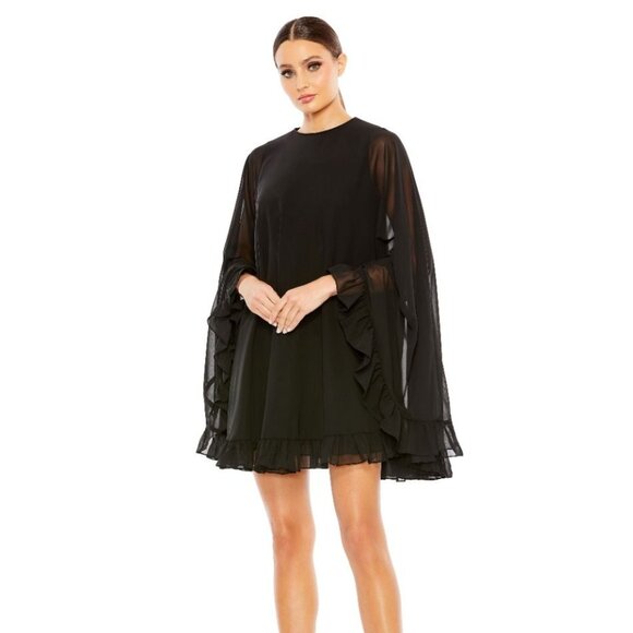 NWT Mac Duggal‎ High Neck Ruffle Hem Cape Mini Dress Black 55407 - Picture 1 of 8